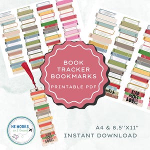 Könnte beinhalten: Druckbare Lesezeichen zur Buchverfolgung mit Stapeln farbiger Bücher. Das Design beinhaltet ein Lesezeichen mit roter Quaste und dem Text "Read More Books". Das Bild zeigt auch den Text "Book Tracker Bookmarks Printable PDF" und A4 & 8.5"X11".