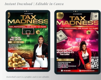 May include: Two digital marketing flyers for a tax preparation service. The flyers feature a basketball court background with a woman in a red and white outfit and a woman in a black and white outfit. The text on the flyers reads "Tax Madness" and "Fast, Professional, and Secure Tax Filing".
