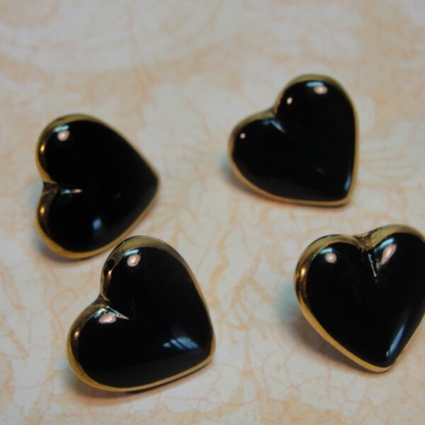 Vintage Black Glass Heart Buttons 1/2" QTY 4  gold Edge