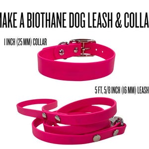 Può includere: Un collare per cani Biothane rosa acceso, largo 25 mm, e un guinzaglio abbinato largo 16 mm e lungo 1,5 metri. Il testo "MAKE A BIOTHANE DOG LEASH & COLLAR" è in alto. Il collare ha una fibbia e hardware in metallo.