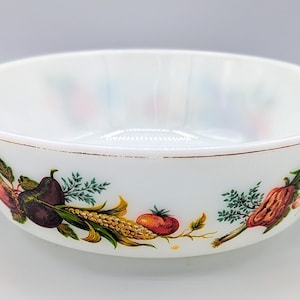 Vintage Double handle JAJ Market Garden Tuscany 8" printed milk glass casserole dish bowl