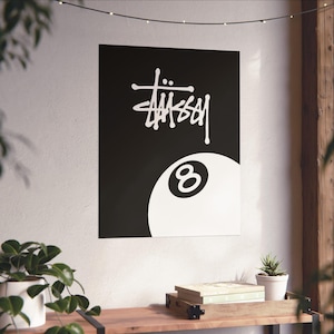 Stussy 8 Ball-poster, wandkunstprint, kamerdecoratie, decoratie voor thuiskantoor, minimalistische wandkunst, zwart-witposter, coole retrokunst.