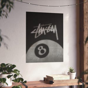 Stussy 8 Ball Poster, Stussy Wandkunst, Raumdekor, Home-Office-Dekoration, minimalistische Wandkunst, Schwarz-Weiß-Poster, coole Retro-Kunst.