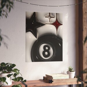 Stussy 8 Ball-poster, 3D-wandkunstprint, kamerdecoratie, decoratie voor thuiskantoor, minimalistische wandkunst, zwart-witposter, coole retrokunst.