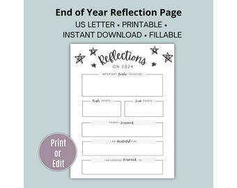 May include: Printable end of year reflection page with a black and white star design. The page includes sections for important goals achieved, high points, low points, things learned, what you are grateful for, and what you are looking forward to.