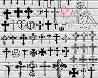Könnte beinhalten: Eine große Sammlung von schwarzen und weißen Kreuzdesigns, darunter traditionelle Kreuze, keltische Kreuze und stilisierte Kreuze. Die Kreuze sind in Reihen auf weißem Hintergrund angeordnet.