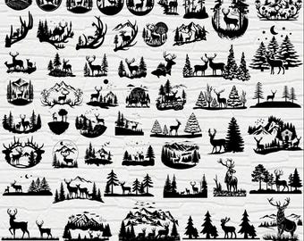 May include: A collection of 40 black and white digital clipart images featuring deer, mountains, trees, and other nature-inspired elements.  The images are perfect for crafting projects, scrapbooking, and digital design.