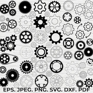 Puede incluir: Una colección de ilustraciones de engranajes en blanco y negro de varios tamaños y diseños. Algunos engranajes son negros sólidos, mientras que otros tienen contornos. La imagen incluye el texto "EPS. JPEG. PNG. SVG. DXF. PDF."