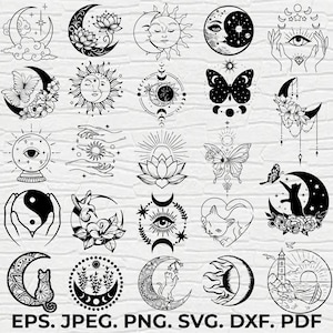 Peut inclure: Un ensemble de 24 illustrations en noir et blanc représentant divers motifs mystiques et célestes. Les motifs comprennent des lunes, des étoiles, des papillons, des chats, des fleurs et d'autres symboles. Les illustrations sont parfaites pour la création artisanale, le scrapbooking ou la conception numérique.
