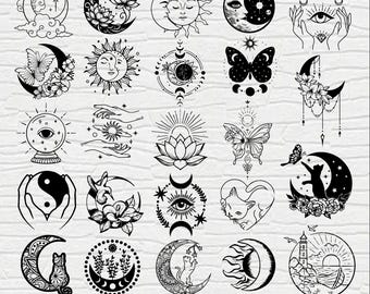 Può includere: Un set di 24 illustrazioni in bianco e nero con vari disegni mistici e celesti. I disegni includono lune, stelle, farfalle, gatti, fiori e altri simboli. Le illustrazioni sono perfette per l'uso nell'artigianato, nello scrapbooking o nella progettazione digitale.