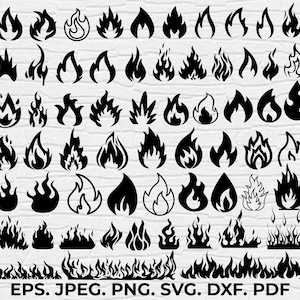 Puede incluir: Un conjunto de 50 iconos de silueta de llama en blanco y negro. Las llamas son de varias formas y tamaños, algunas con puntas puntiagudas y otras con puntas redondeadas.