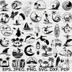 Puede incluir: Una colección de 30 ilustraciones en blanco y negro de surf, olas y palmeras. Las ilustraciones están en una variedad de estilos, incluyendo dibujos animados, realistas y abstractos.  EPS. JPEG. PNG. SVG. DXF. PDF.