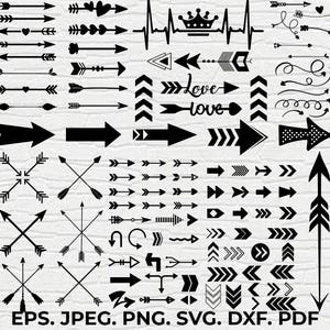May include: A selection of black arrow and design graphics in various styles. Includes arrows, hearts, and decorative elements. The image also contains the text "EPS. JPEG. PNG. SVG. DXF. PDF."