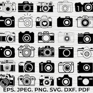 Pode incluir: Uma coleção de vários designs de câmeras em preto e branco. As câmeras variam em estilo, incluindo designs vintage e modernos, e são apresentadas como gráficos vetoriais. A imagem inclui o texto "EPS. JPEG. PNG. SVG. DXF. PDF."