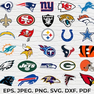 Puede incluir: Una colección de treinta logotipos de equipos de la National Football League dispuestos en una cuadrícula, con varias mascotas, símbolos y emblemas de texto en diversos colores. La parte inferior de la imagen muestra el texto EPS, JPEG, PNG, SVG, DXF, PDF.