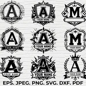 May include: A collection of nine black and white digital logo designs featuring the letters A and M, incorporating gaming controllers, crowns, and geometric shield motifs with the placeholder text YOUR NAME and file formats EPS, JPEG, PNG, SVG, DXF, PDF.