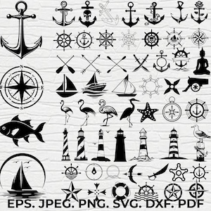 May include: A collection of nautical-themed vector graphics in black, including anchors, ship wheels, compasses, sailboats, lighthouses, and marine life. The image includes the text "EPS. JPEG. PNG. SVG. DXF. PDF".