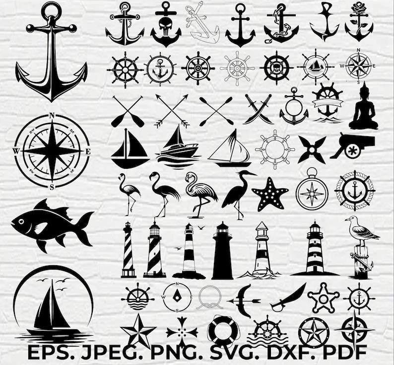 K&ouml;nnte beinhalten: Eine Sammlung nautischer Vektorgrafiken in Schwarz, darunter Anker, Steuerr&auml;der, Kompasse, Segelboote, Leuchtt&uuml;rme und Meereslebewesen. Der Text "EPS. JPEG. PNG. SVG. DXF. PDF" ist enthalten.