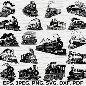 May include: Collection of black and white train illustrations in various styles. Includes steam locomotives, passenger trains, and freight trains. The image also includes the text "EPS. JPEG. PNG. SVG. DXF. PDF".