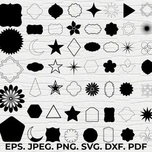 Może przedstawiać: Kolekcja czarnych kształtów graficznych, w tym gwiazdy, kwiaty, ramki i formy geometryczne, ułożonych na białym tle. Obraz zawiera również skróty typów plików: EPS, JPEG, PNG, SVG, DXF i PDF.