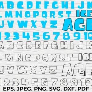 以下が含まれることがあります： 太字の漫画風フォントで書かれたアルファベットと数字の2つのセット。 上のセットは白のアウトラインで青色、下のセットは黒のアウトラインで白色です。 文字と数字は行に配置され、アルファベットの行の最後に「ICE」と「AGE」という単語が大きなフォントで表示されています。 画像の下部には「EPS. JPEG. PNG. SVG. DXF. PDF」というテキストが表示されています。
