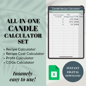Calculadora de recetas de velas TODO EN UNO, calculadora de ganancias del producto, calculadora de recetas de velas, calculadora de precios de fabricación de velas, calculadora de cera derretida