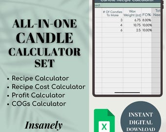 ALL-IN-ONE Candle Recipe Calculator Set, Product Profit Calculator, Candle Recipe Calculator, Candle Making Pricing Calculator, Wax Melt