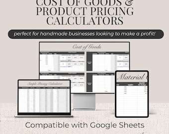 Könnte beinhalten: Bild eines digitalen Produkts für handwerkliche Unternehmen. Das Bild zeigt einen Laptop, einen Desktop-Monitor und ein Tablet, die Tabellenkalkulationen mit den Titeln "Cost of Goods" und "Simple Pricing Calculator" anzeigen. Der Text lautet "COST OF GOODS & PRODUCT PRICING CALCULATORS" und "INSTANT DOWNLOAD."