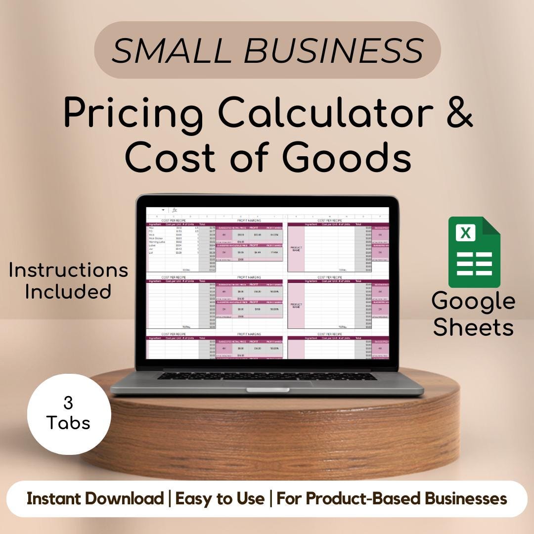Cost of Goods & Product Pricing Calculator, Cost of Recipe Calculator, COGS Spreadsheet, Profit Calculator, Handmade Products Pricing Guide