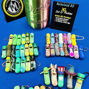 Jar O' Pickle Keychains - Tickles, the Articulating Pickle - Tons of sizes and colors 50-pack - Unique pickle keychains w/ Jar