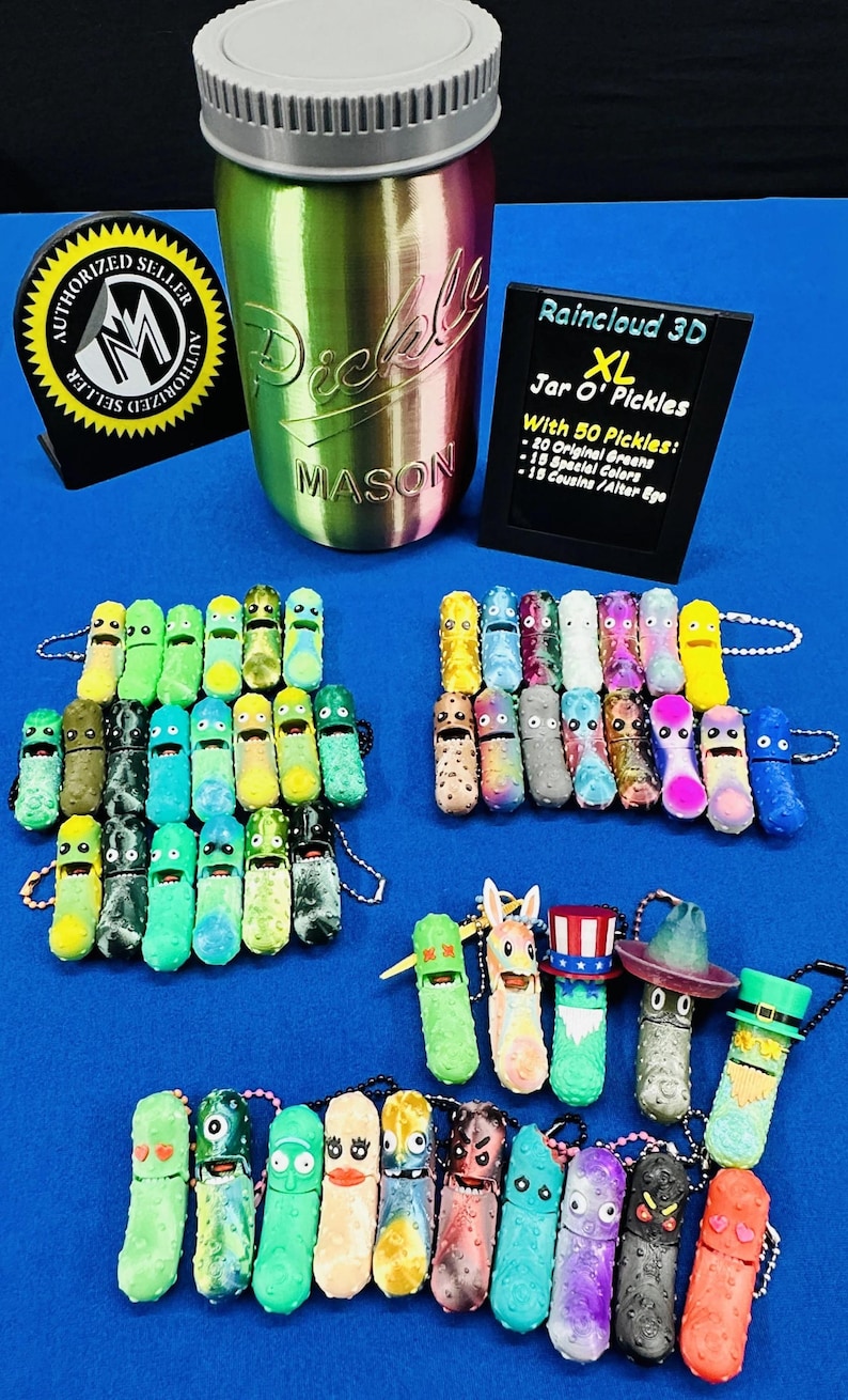 Jar O' Pickle Keychains - Tickles, the Articulating Pickle - Tons of sizes and colors 50-pack - Unique pickle keychains w/ Jar