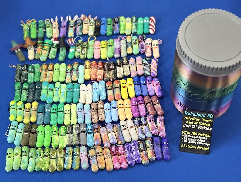 Jar O' Pickle Keychains - Tickles, the Articulating Pickle - Tons of sizes and colors 150-pack - Unique pickle keychains w/ Jar
