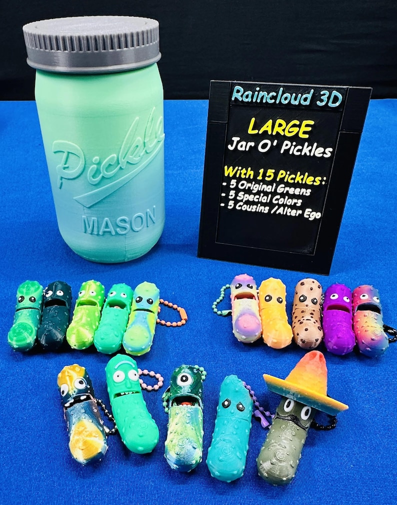 Jar O' Pickle Keychains - Tickles, the Articulating Pickle - Tons of sizes and colors 15-pack - Unique pickle keychains w/ Jar