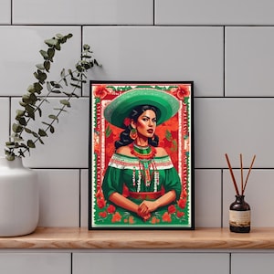 Mexican Woman Wall Art - Colorful Latina Portrait Print - Traditional Mexican Dress - Digital Download Art - Boho Fiesta Decor