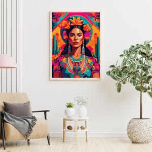 Mexican Woman Wall Art – Vibrant Latina Portrait – Frida Inspired Print – Boho Colorful Home Decor – Feminine Cultural Poster