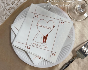 Personalized Calendar Wedding Napkins, Custom Cocktail Napkins, Couple Holding Heart Design