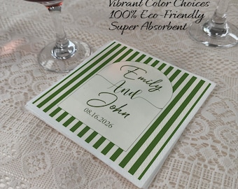 Personalized Green Stripe  Napkins, Custom Cocktail Napkins, Wedding Reception Decor