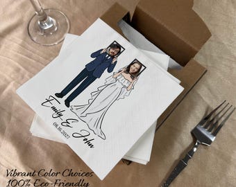Personalized Cartoon Wedding Napkins, Custom Couple Caricature, Funny Engagement or Wedding Guest Napkins