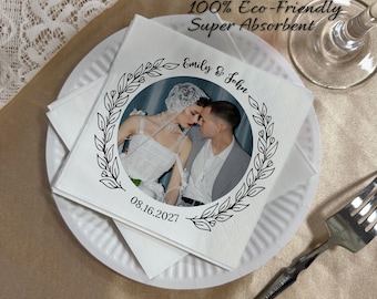 Custom Laurel Wreath Cocktail Napkins, Personalized Wedding Photo