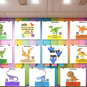 May include: A colorful wall display featuring 10 different dinosaur illustrations with fun facts and a QR code for each dinosaur. The dinosaurs include Tyrannosaurus Rex, Stegosaurus, Pterodactyl, Velociraptor, Spinosaurus, Parasaurolophus, Diplodocus, Brachiosaurus, Triceratops, and a sign that says "Boys Only".