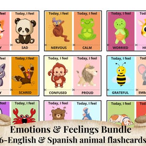 Pacote de emoções e sentimentos para crianças | Cartões de animais (inglês e espanhol) | Pôster com vídeo QR | Diário de emoções para crianças | Perfeito para pais ocupados