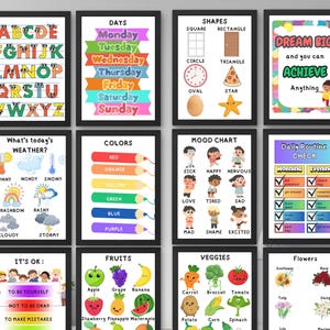 Może przedstawiać: Zestaw edukacyjnych plakatów w czarnych ramkach. Plakaty przedstawiają alfabet, dni tygodnia, kształty i motywacyjny przekaz. Inne plakaty pokazują pogodę, kolory, wykres nastroju i codzienne kontrole rutynowe. Dodatkowe plakaty przedstawiają owoce, warzywa i kwiaty.