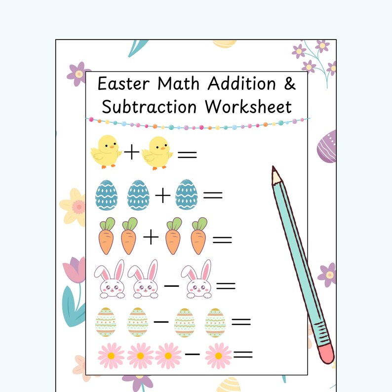 May include: A printable Easter-themed math worksheet for kids. The worksheet features addition and subtraction problems with cute Easter-themed illustrations like chicks, eggs, carrots, and bunnies. The text on the worksheet reads "Easter Math Addition & Subtraction Worksheet".