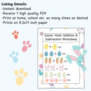 May include: Printable Easter-themed math worksheet for addition and subtraction. The worksheet features a bunny rabbit, chicks, eggs, carrots, and flowers. The worksheet is designed for 8.5x11 inch paper.