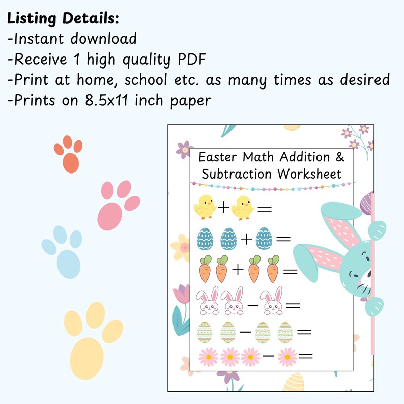 May include: Printable Easter-themed math worksheet for addition and subtraction. The worksheet features a bunny rabbit, chicks, eggs, carrots, and flowers. The worksheet is designed for 8.5x11 inch paper.
