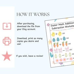 May include: A printable Easter-themed math worksheet for kids. The worksheet features colorful images of chicks, eggs, carrots, and bunnies. The worksheet includes addition and subtraction problems. The text on the worksheet reads "Easter Math Addition Subtraction Worksheet".