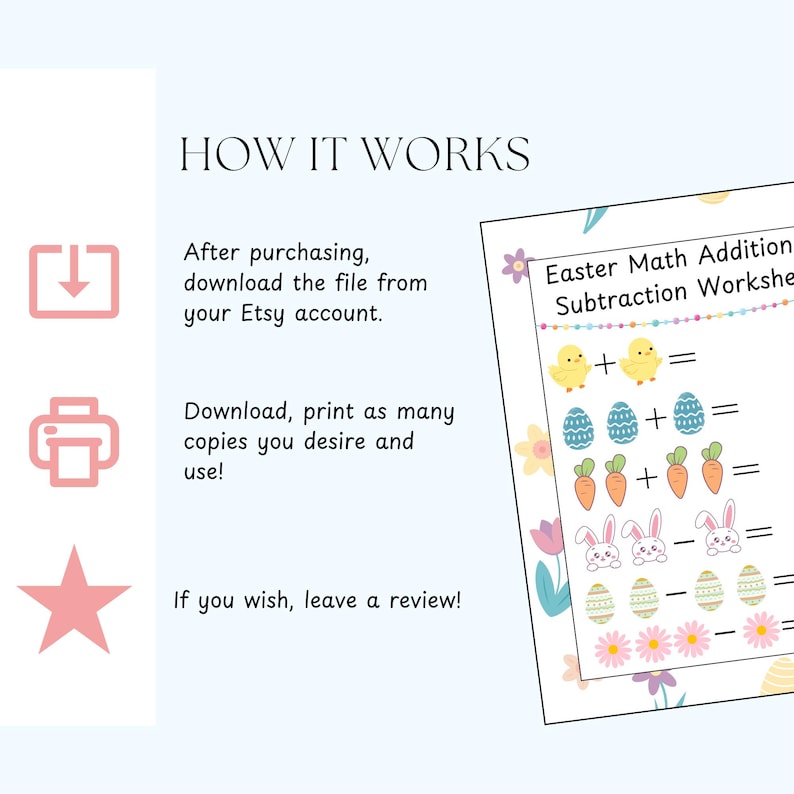 May include: A printable Easter-themed math worksheet for kids. The worksheet features colorful images of chicks, eggs, carrots, and bunnies. The worksheet includes addition and subtraction problems. The text on the worksheet reads "Easter Math Addition Subtraction Worksheet".