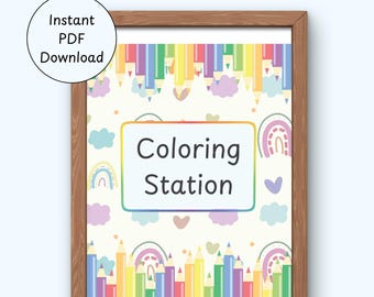 Coloring Station Sign – Rainbow Birthday Party Decor (Digital Download)