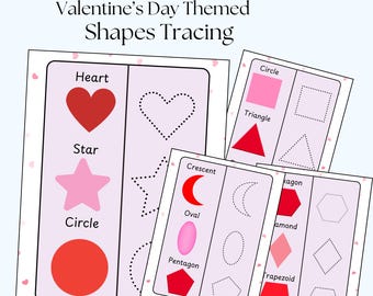 Valentine Shapes Tracing Worksheet, Preschool Geometry (Digital Download)