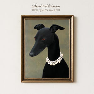 Black Greyhound Dog Wall Art, Vintage Mid-Century Pet Portrait Print with Pearls, Modern Whippet Decor, Gallery Wall, Living Room or Office